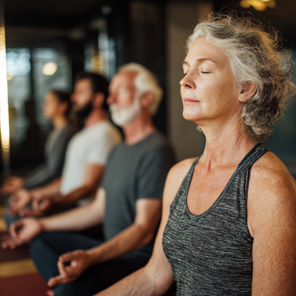 mature adults practicing yoga meditation in peaceful studio environment