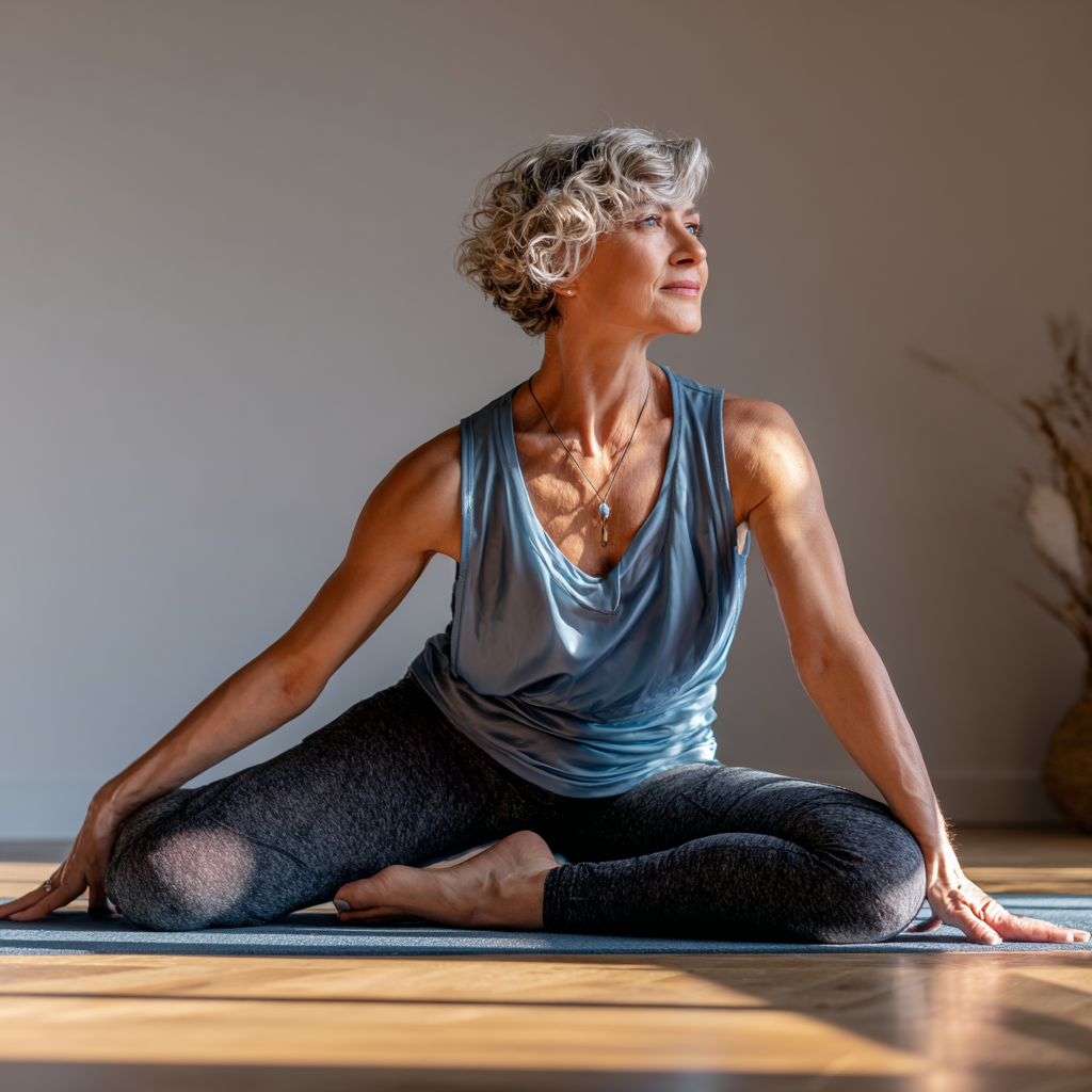 middle-aged person demonstrating improved flexibility and strength through yoga practice